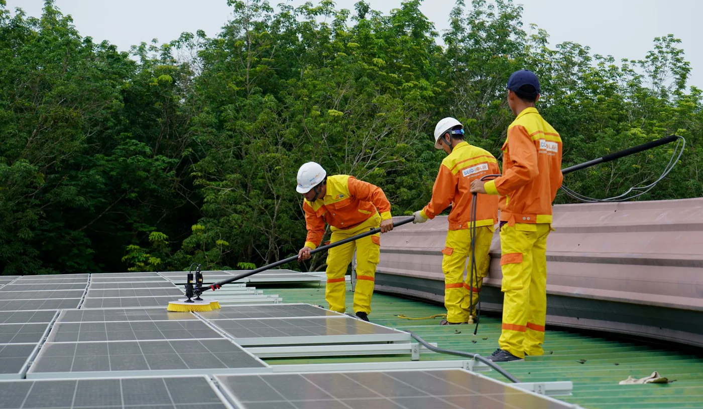 Equipe realizando limpeza de placas solares em telhado